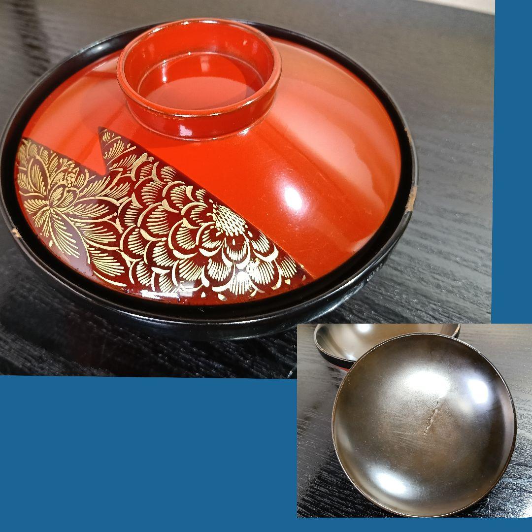 AN59 吸物椀 沈金蒔絵 高台 蓋付椀 木製朱漆器 五客 木箱