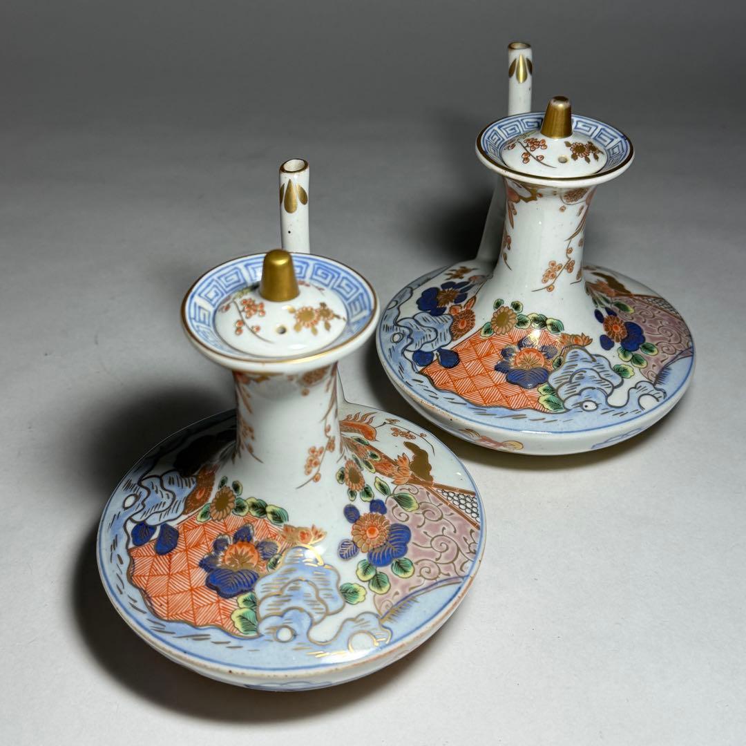 ◆伊万里 染錦金彩花鳥文銚子一対 酒器 上手品 明治時代◆