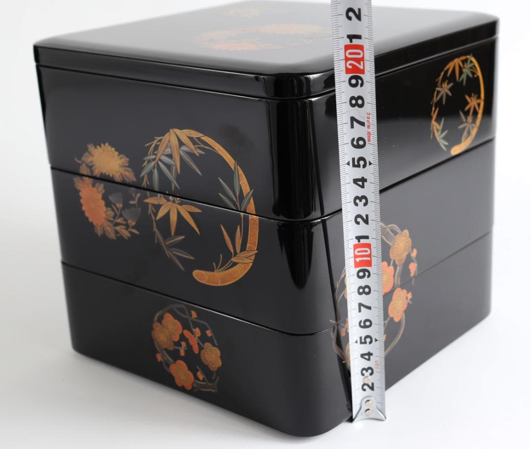 輪島塗 三段重 重箱 花紋 金彩 共箱