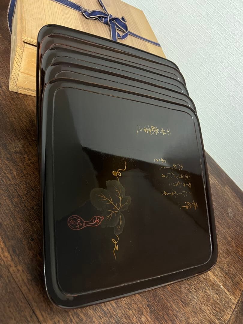 黑漆盆5枚セット 木箱付き　漆器　茶道具　古美術　骨董　工芸品