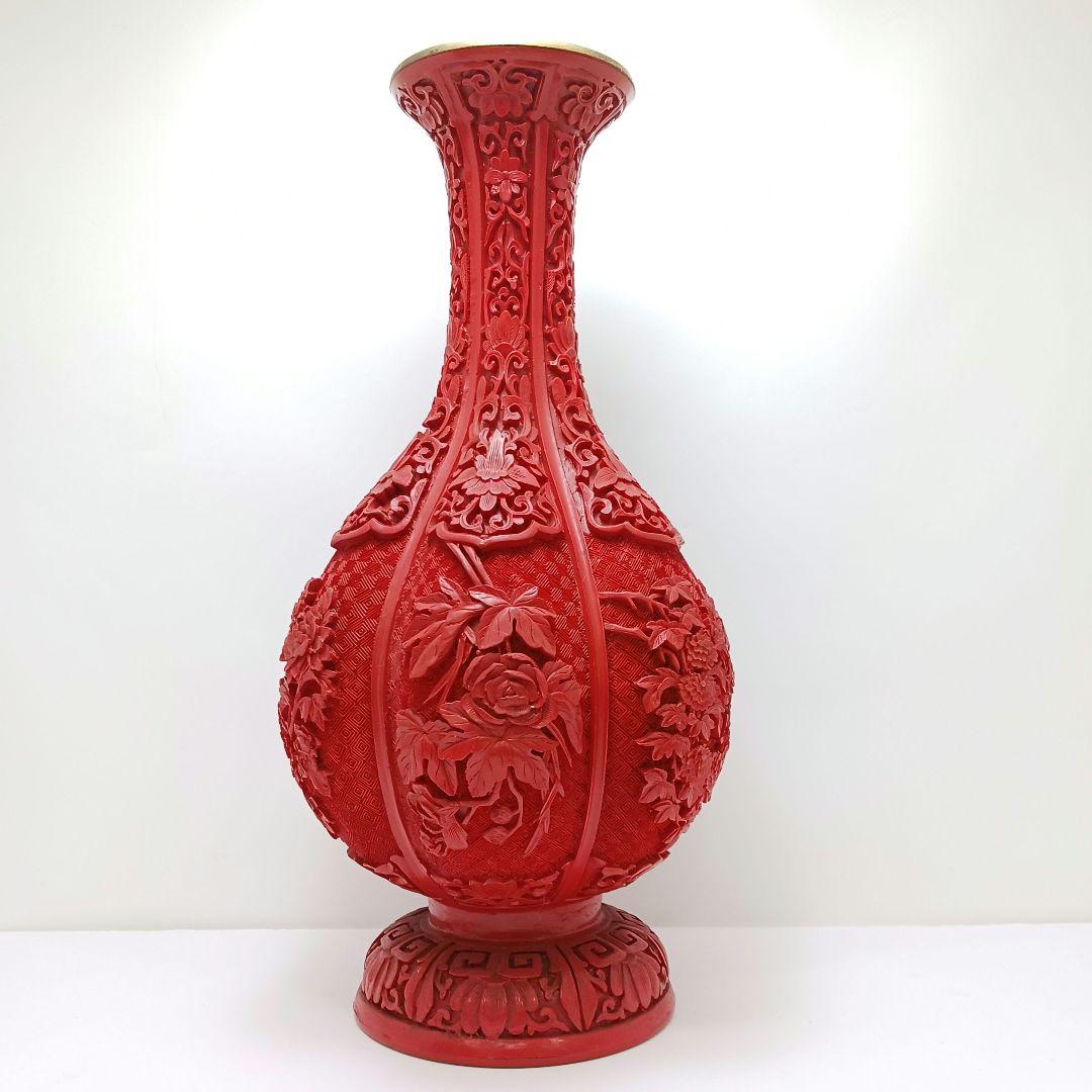 Y2551 中国 堆朱 6面花図 花瓶 高さ31.5㎝