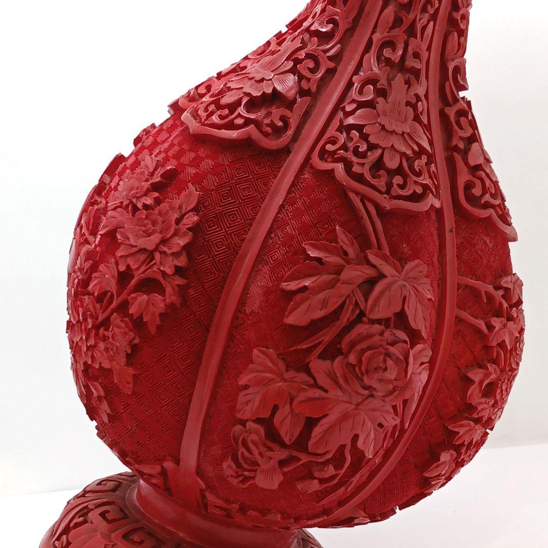 Y2551 中国 堆朱 6面花図 花瓶 高さ31.5㎝