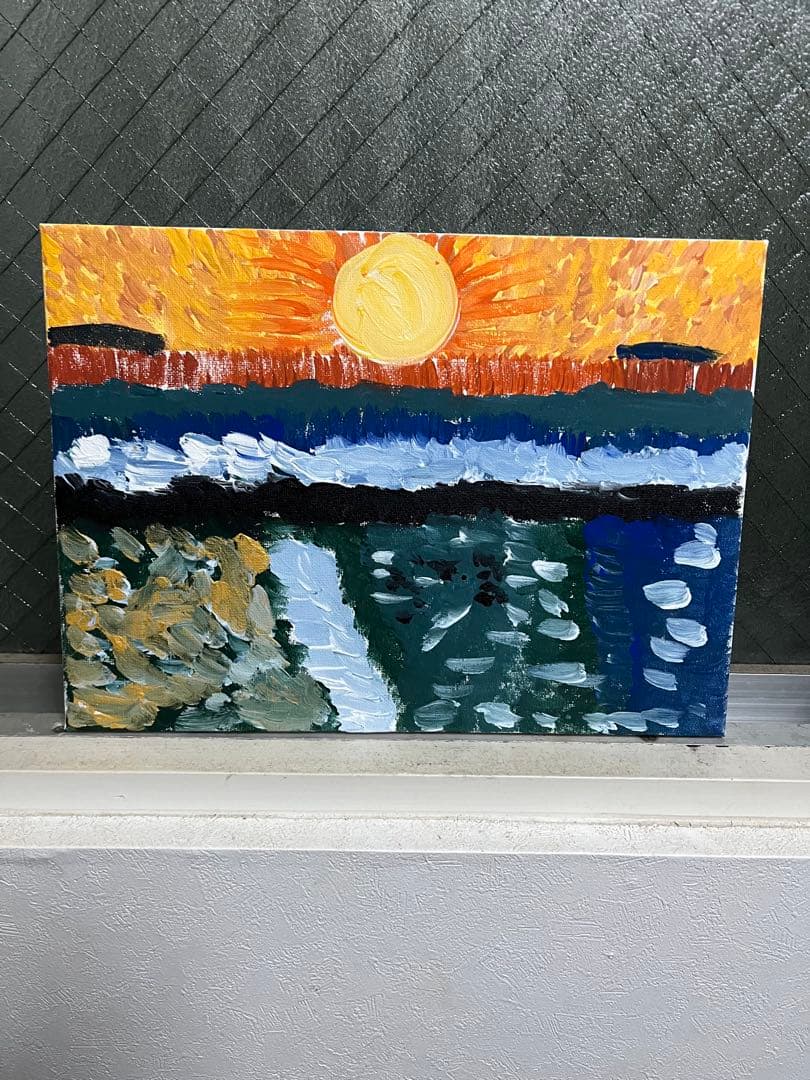 夕陽のダイナミズム　F4サイズ　木製額縁付き　キャンバス画　原画　一点物