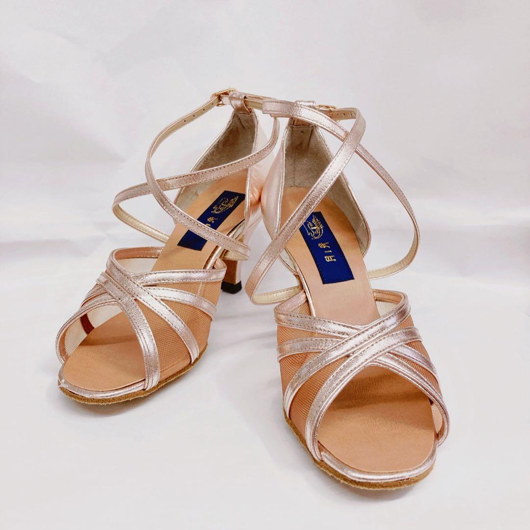 新品　社交ダンスシューズ　22.5㎝　ヒール7㎝　サーモン　チュール　月ノ舟