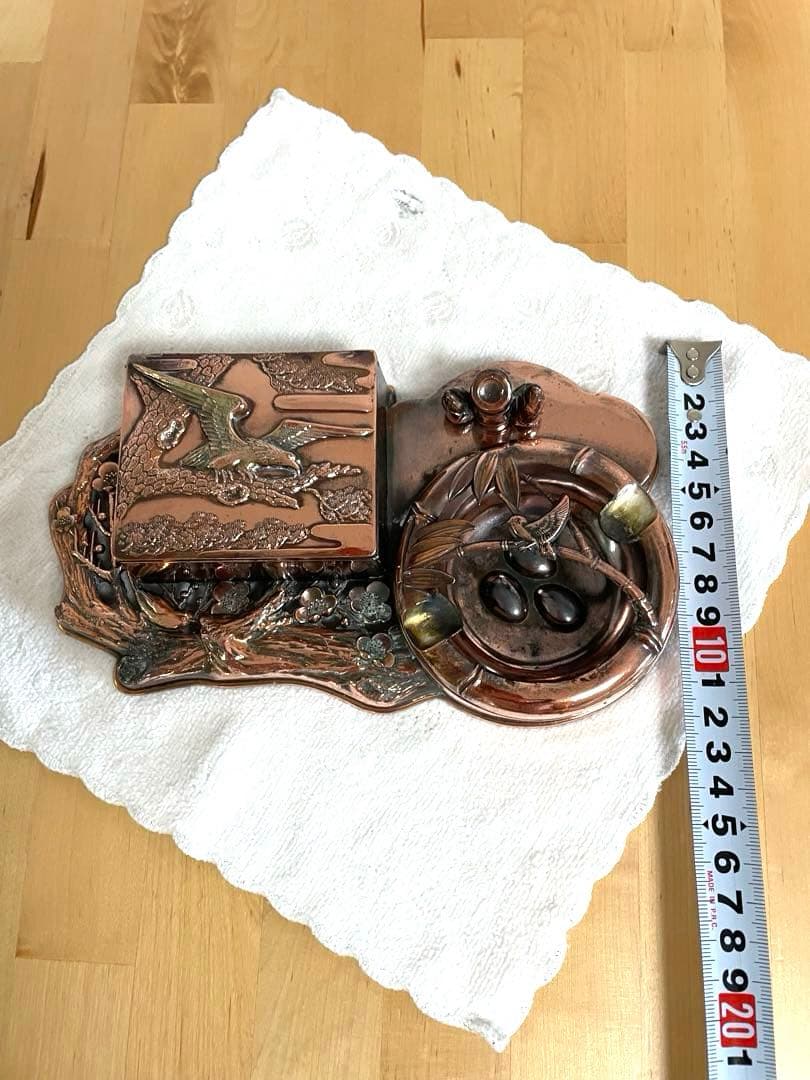 彫金細工、銅板細工、工芸品、タバコ入れと灰皿、昭和レトロ、アンティーク、骨董品
