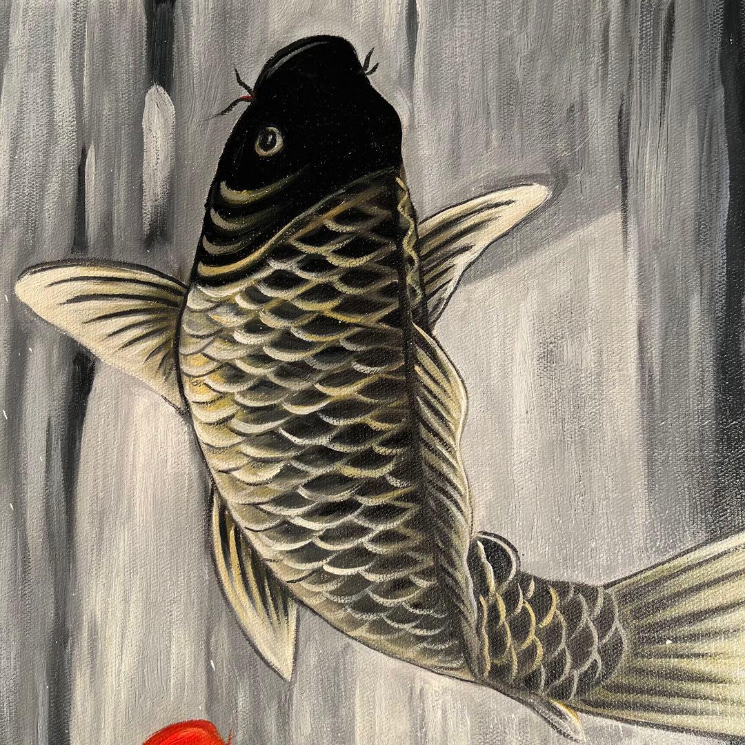 手書き油絵 鯉の滝登り 額付き 肉筆絵画 インテリア 油彩画