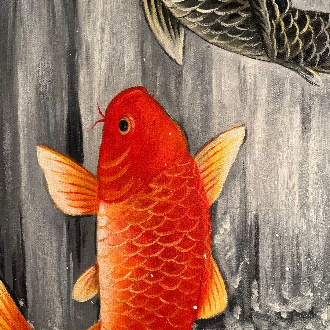 手書き油絵 鯉の滝登り 額付き 肉筆絵画 インテリア 油彩画