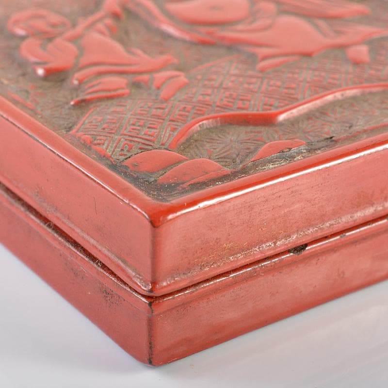 中国　剔紅　堆朱　山水人物文　四方　肉池　朱肉入　D　R6177
