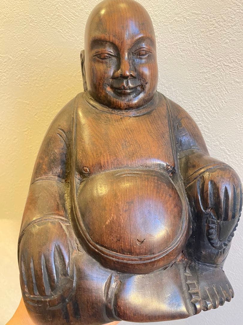 紫檀、黑檀彫刻布袋座佛像、高さ22cm重さ1799g