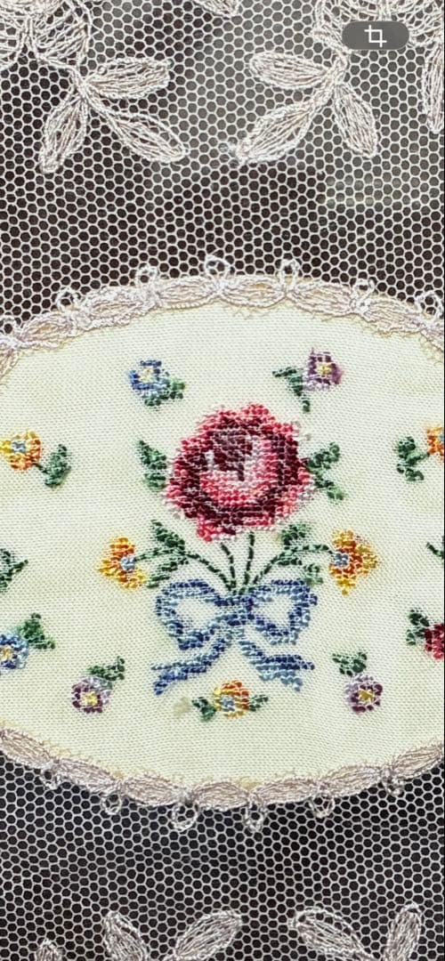 19〜20世紀初頭 英アンティーク 真鍮トレイ プチポアン刺繍 チュールレース