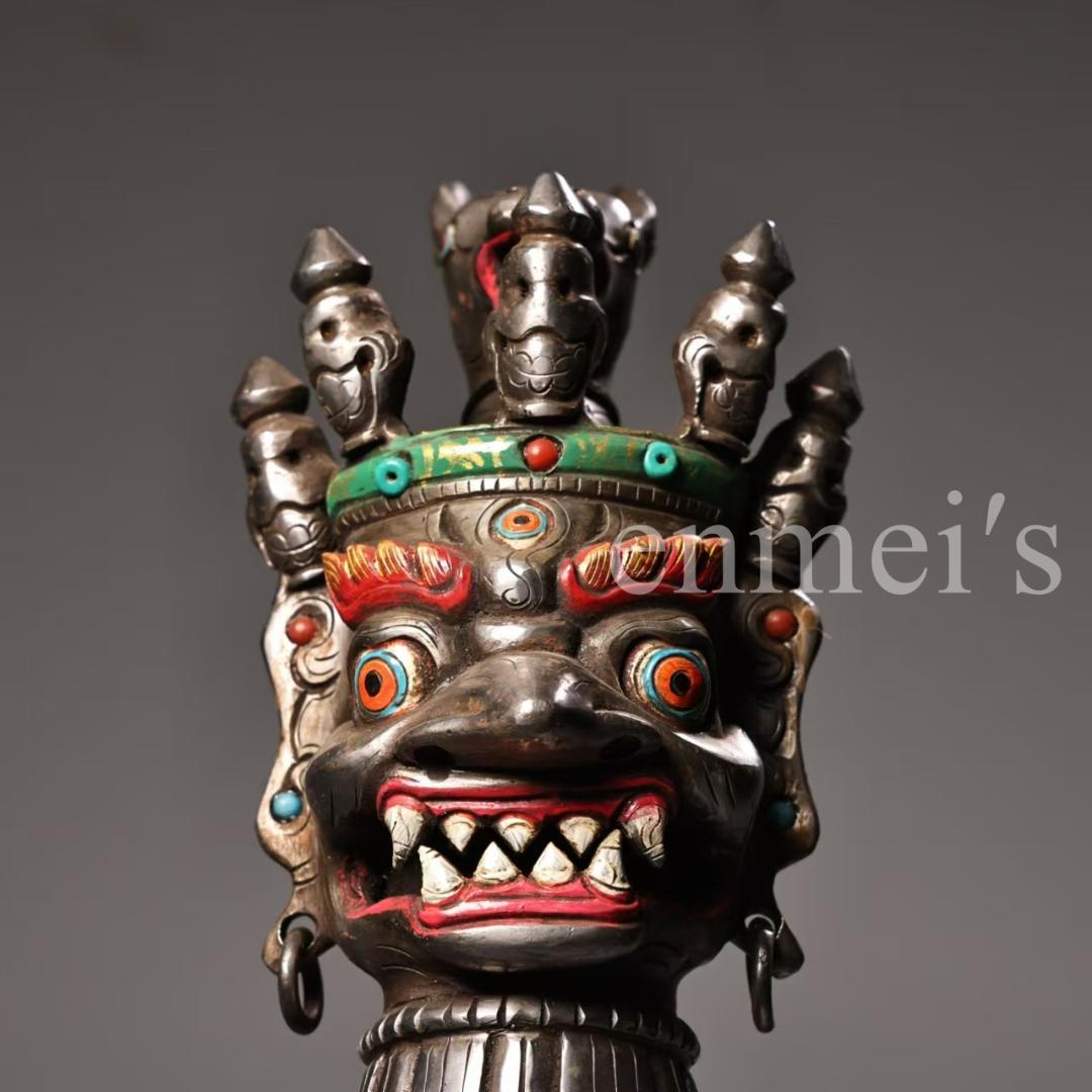 中国古美術・蔵伝工芸・寒鉄彩絵金剛降魔杵・手工錾刻・文房置物・鎮宅辟邪・風水法具