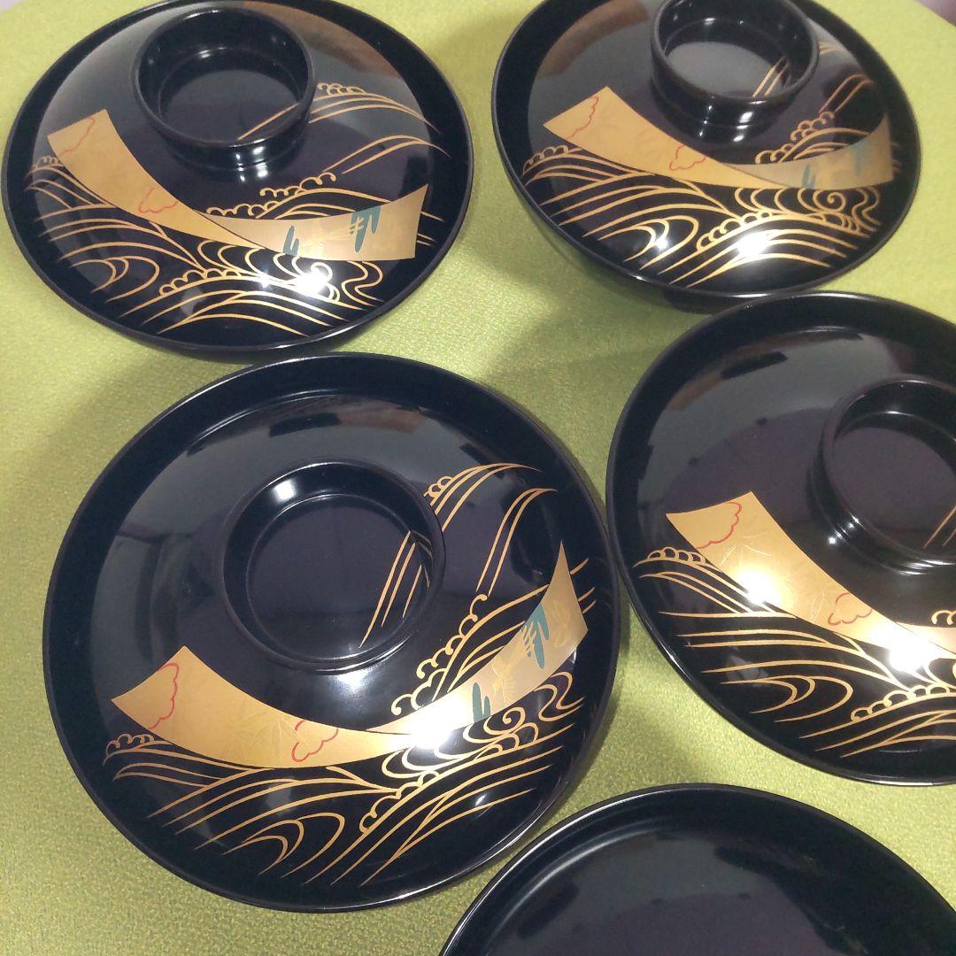 輪島塗 蓋付 椀 吸飲椀 波 鳥 金彩 蒔絵 松 黒 漆塗り 木箱付