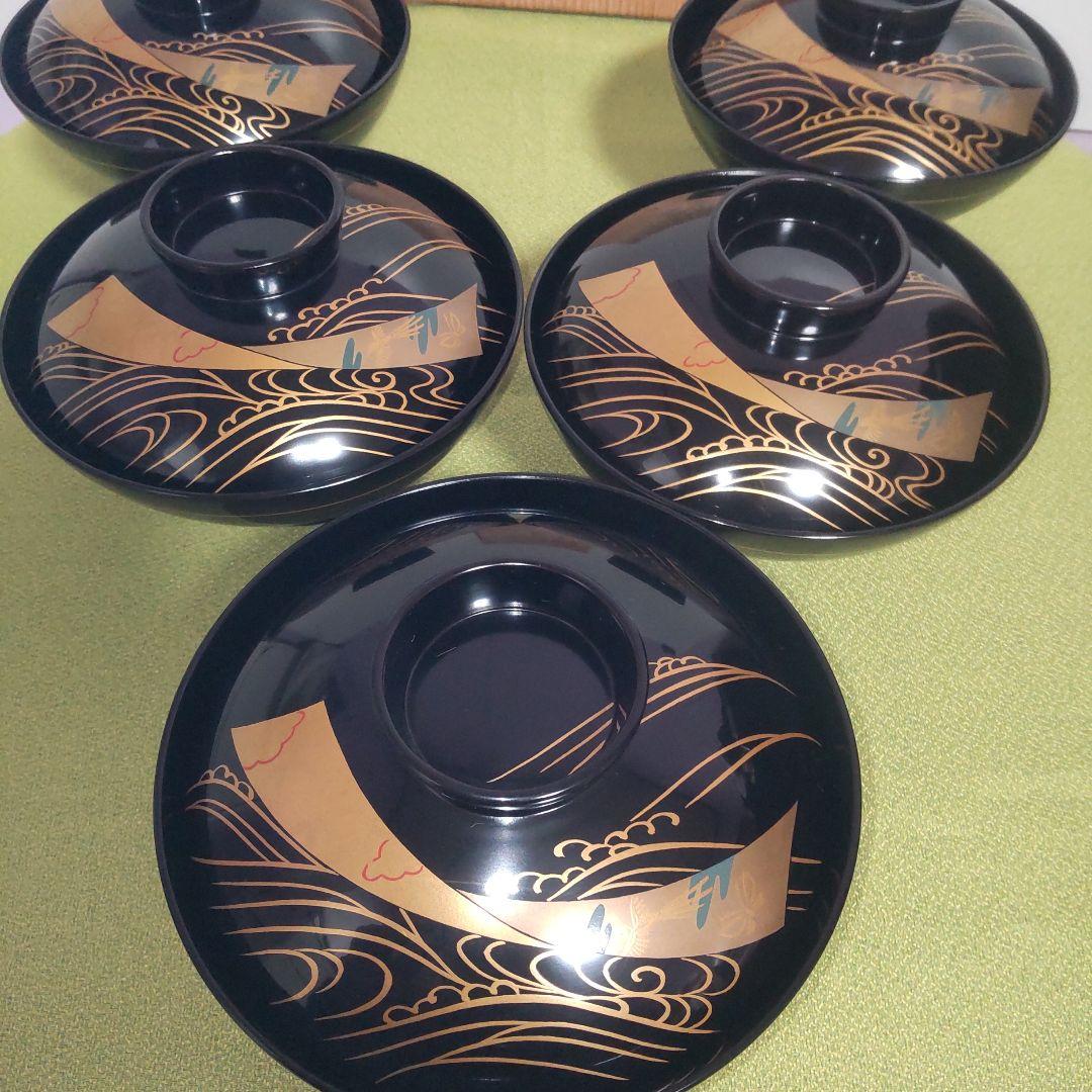 輪島塗 蓋付 椀 吸飲椀 波 鳥 金彩 蒔絵 松 黒 漆塗り 木箱付