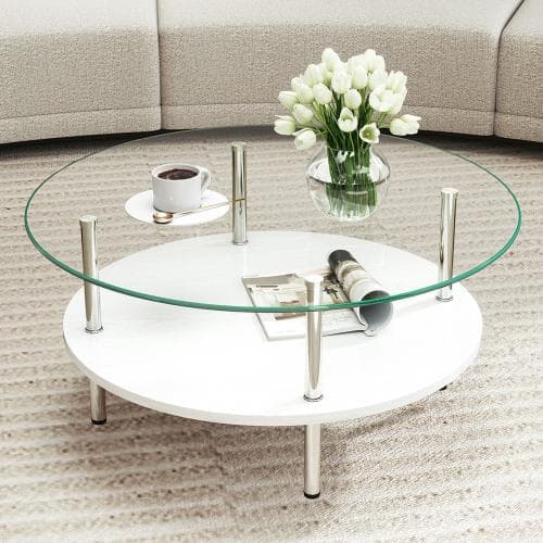 二段ラウンドコーヒーテーブル ホワイト 北欧モダン 収納棚付き 80cm