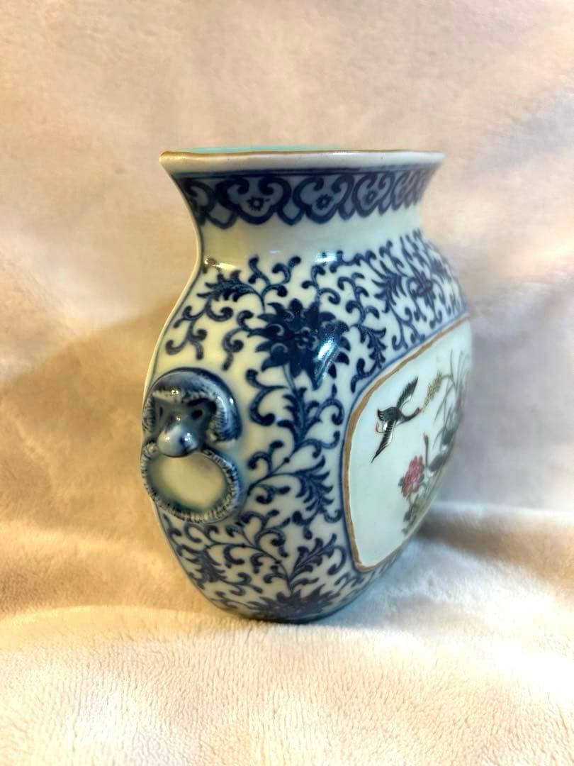 大清道光年製 手描 粉彩 牡丹双鳥図 壁瓶（壁掛け花瓶）中国古美術 希少 古玩