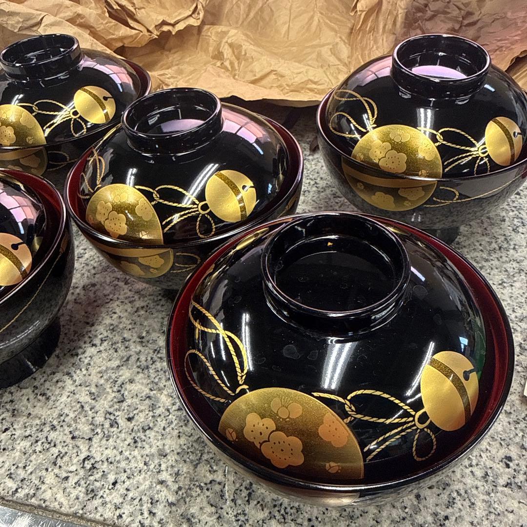 会津塗 金彩蒔絵桜鈴文様 蓋付きお吸物椀 雑煮椀 お椀 5客セット 漆器 汁椀