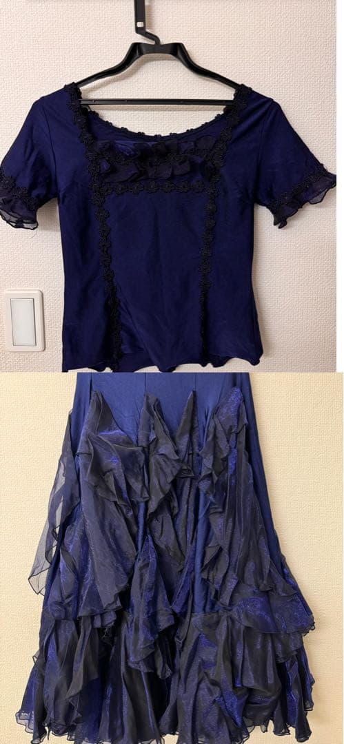 社交ダンス　上下セット　ネイビー フリル付きスカートとトップス Lサイズ