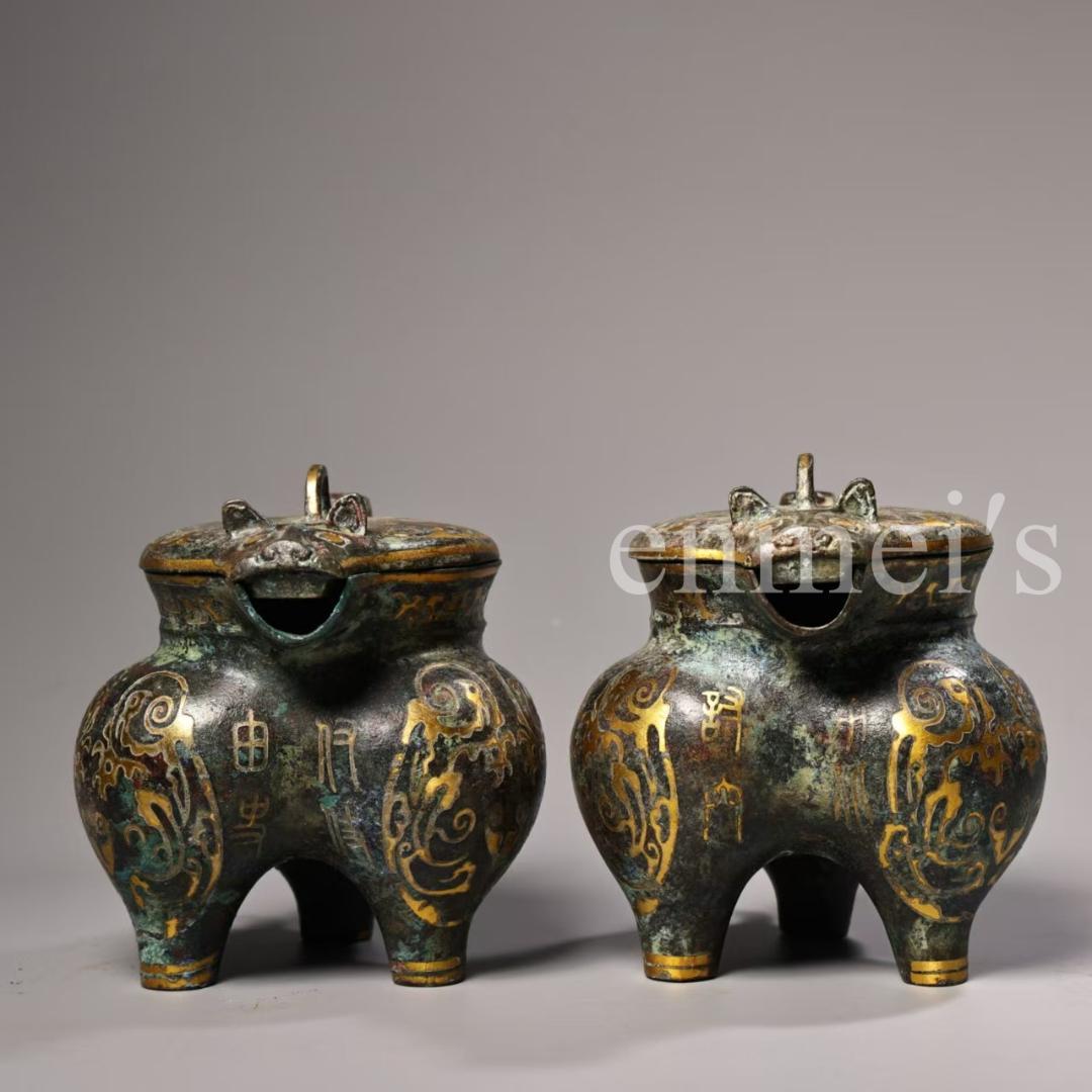 中国古美術・旧蔵青銅製錯金三足酒器 セット・酒具・分酒器・純手作り・置物・茶道具