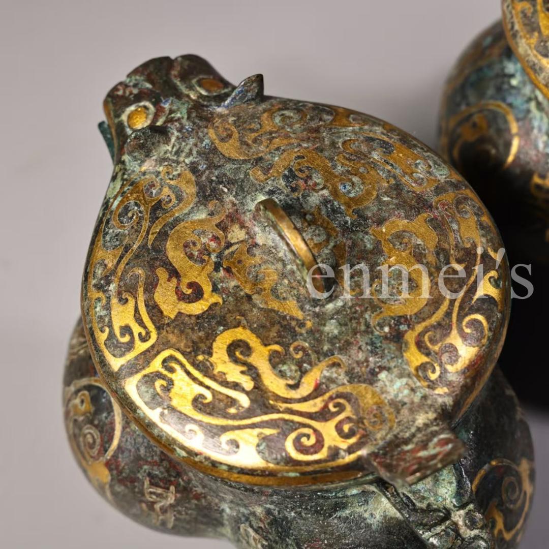 中国古美術・旧蔵青銅製錯金三足酒器 セット・酒具・分酒器・純手作り・置物・茶道具