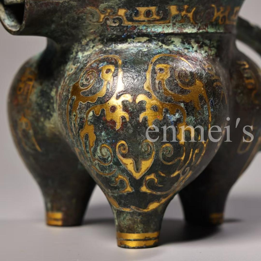 中国古美術・旧蔵青銅製錯金三足酒器 セット・酒具・分酒器・純手作り・置物・茶道具