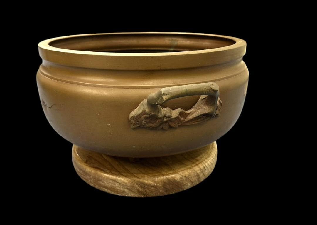 大きな 銅製 火鉢 象嵌 在銘 骨董 古玩 横幅-約53㎝ 高さ-約29㎝