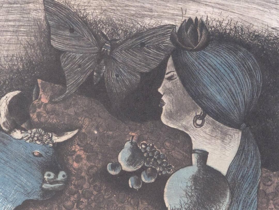 【真作】版画　加藤清治　銅版画　スペインの朝　蝶と少女の物語　Y124