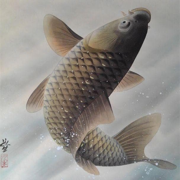 掛軸 光生『跳び鯉図』日本画 絹本 肉筆 共箱付 掛け軸 K990426