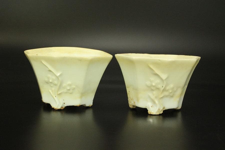 中国美術 白磁 梅花紋 八方 碗 一対 煎茶(HA500)