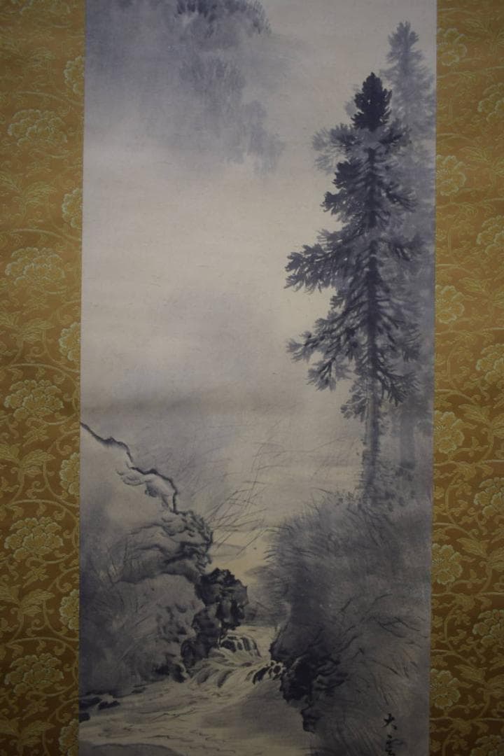 真作/小村大雲/水墨山水/夕景山水図/桐題箱付/布袋屋掛軸HJ-36