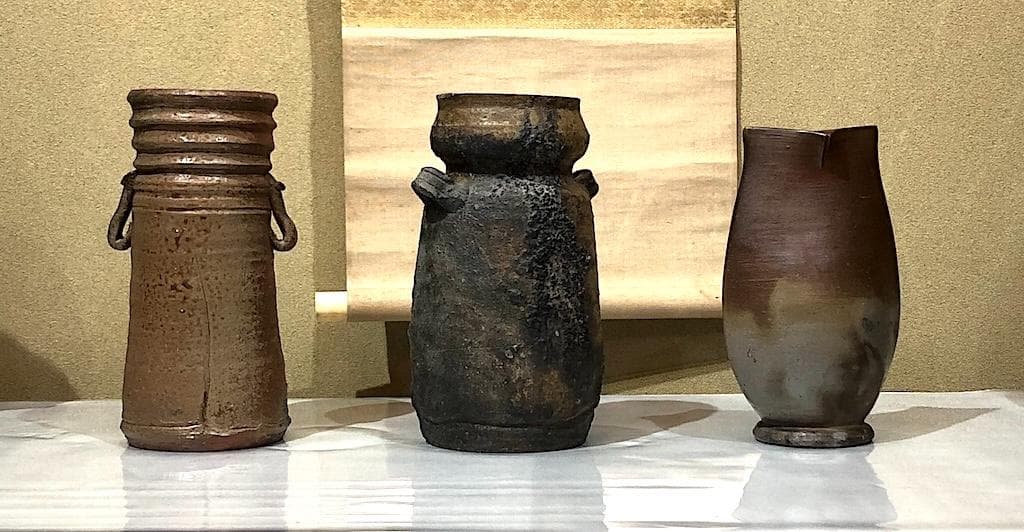 備前花瓶３点　左・木村友敬、中・末石高仙、右・不明、箱無　無傷　在銘　まとめて。