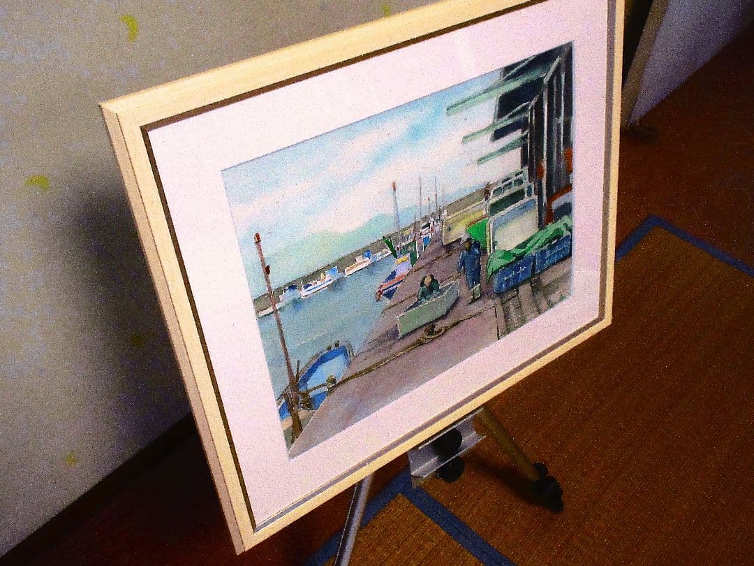 水彩画 魚市場の風景( 額縁付き)