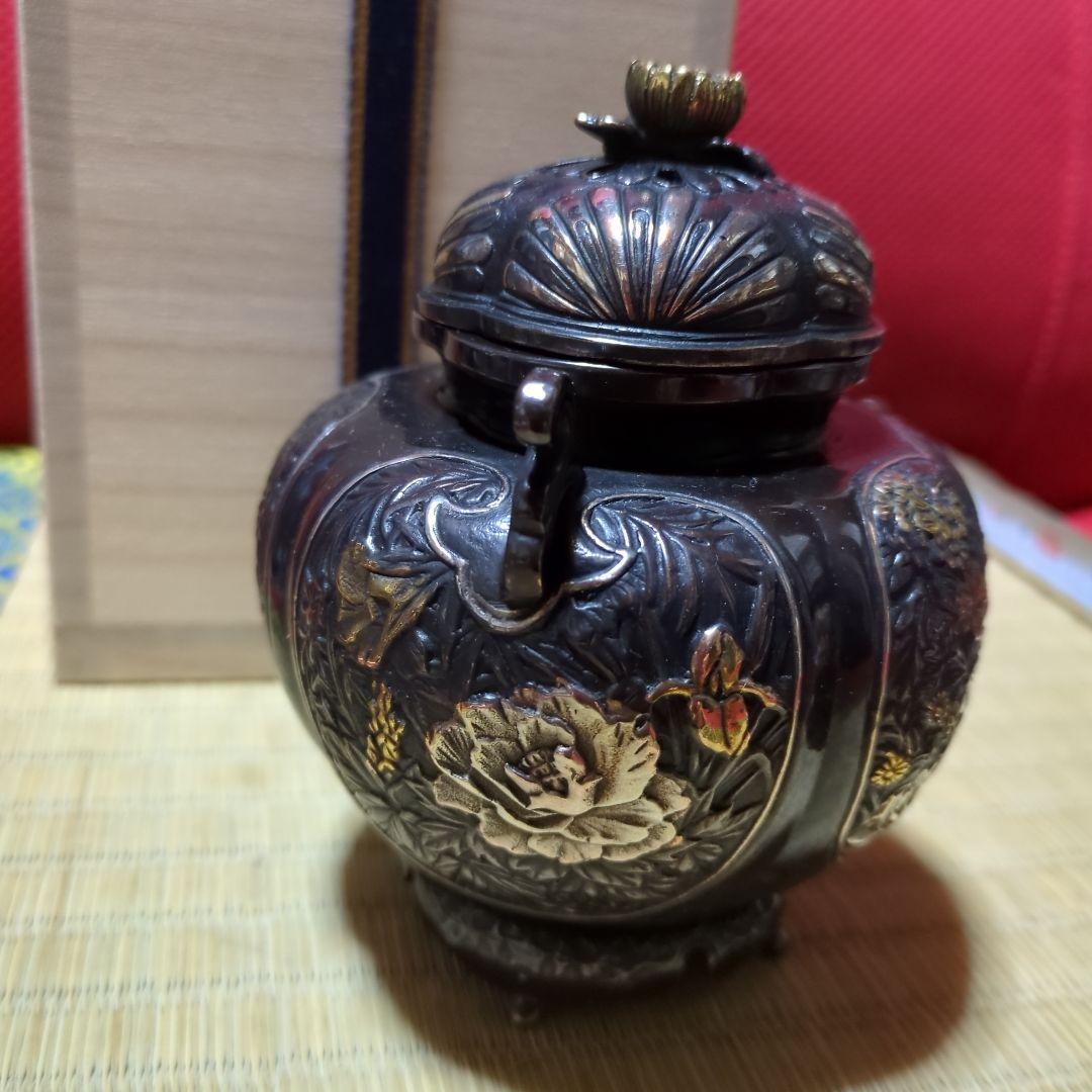 高岡銅器 香炉 花彫刻 桐箱付