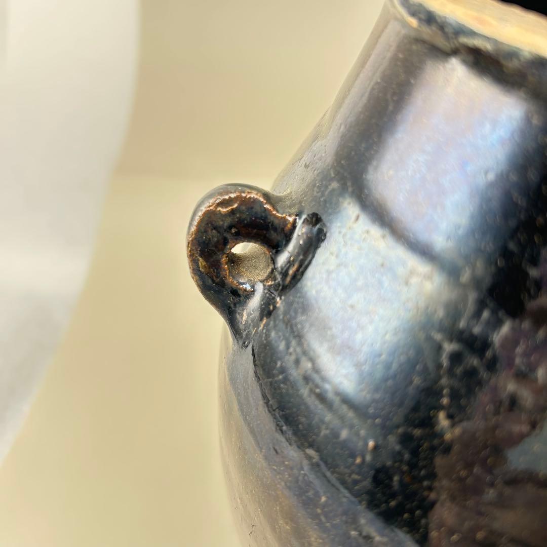 李朝初期 黒高麗壷 黒釉 李朝 壷 伝世品焼物 骨董 古玩 朝鮮 四耳瓶