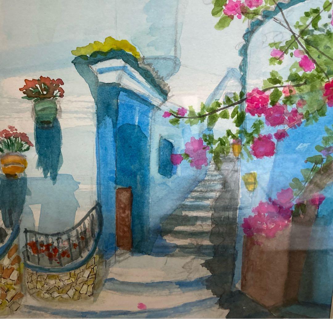 水彩画　「　ブーゲンビリアの街かど　」　原画　額付