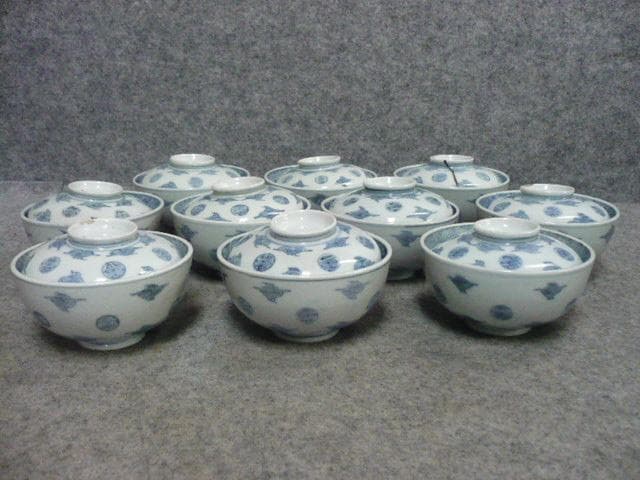 古伊万里 丸寿文 染付 蓋茶碗 10個 [B31378]