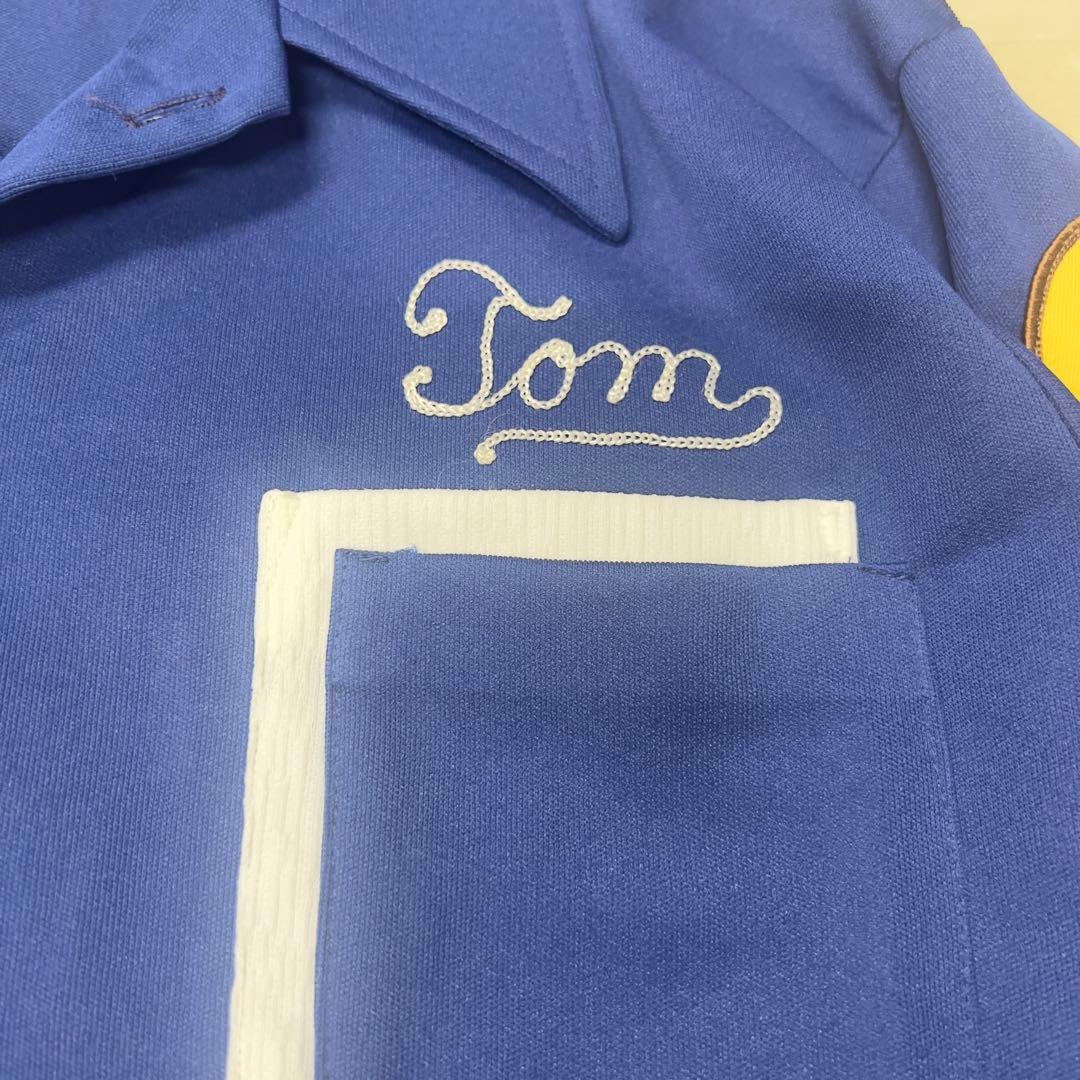 70s ボーリングシャツ USA製 青 チェーンステッチ XL開襟シャツ