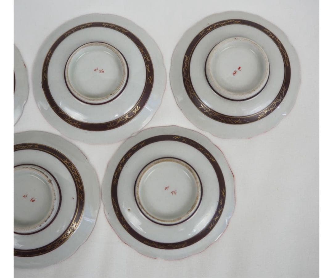 送料無料 明治～大正九谷焼　手描き松鶴紋杯台/盃台5客　完品無傷