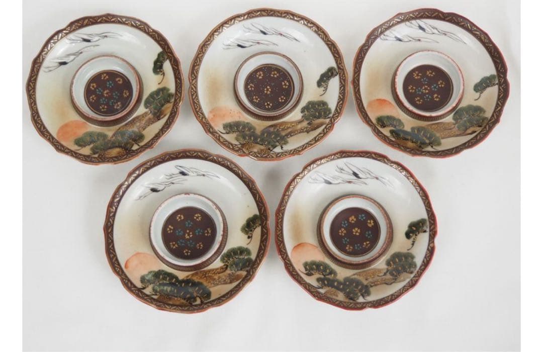 送料無料 明治～大正九谷焼　手描き松鶴紋杯台/盃台5客　完品無傷