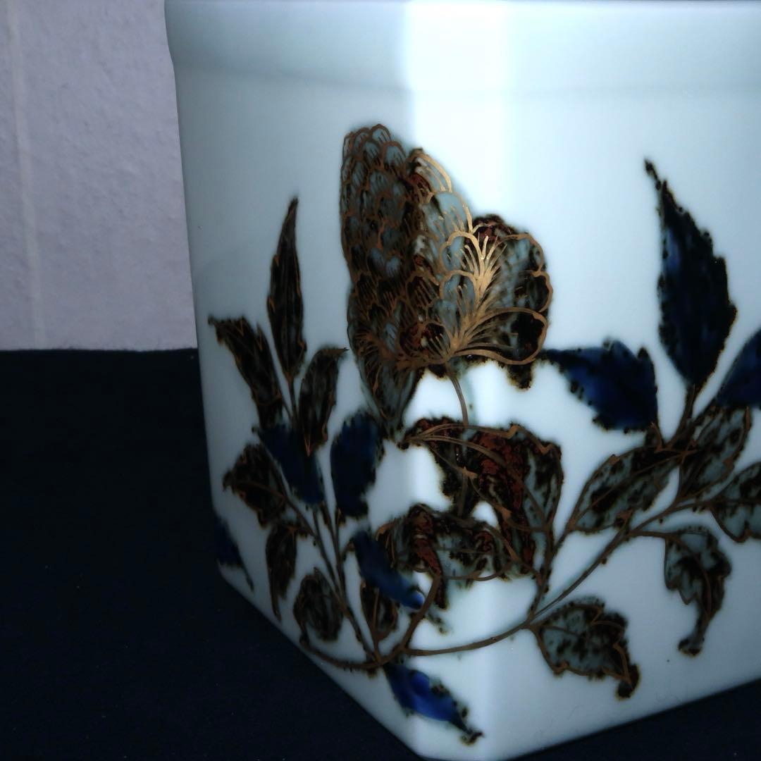 【茶道具】手塚玉堂作　玉堂窯　草花絵角形水指