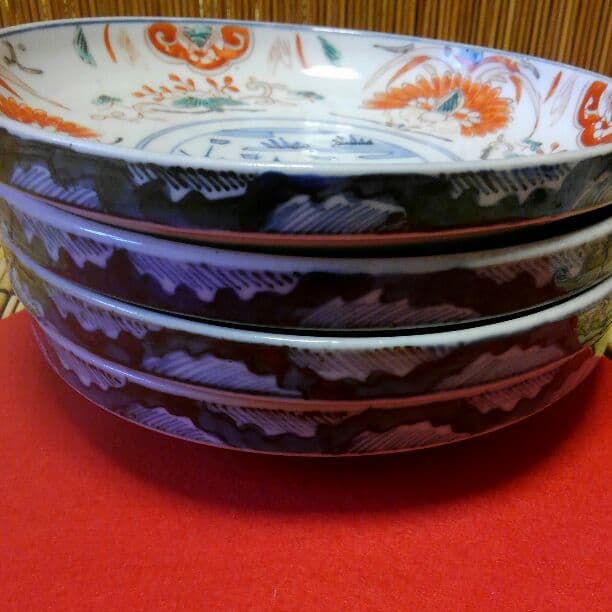 江戸後期古伊万里　染付色絵　鳳凰波千鳥文皿