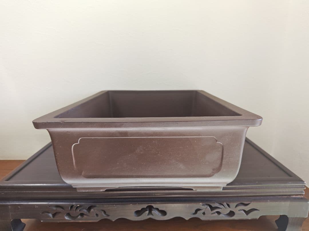 ブラウン長方形盆栽鉢 陶器製 約47cm×36cm×14.5cm　大型