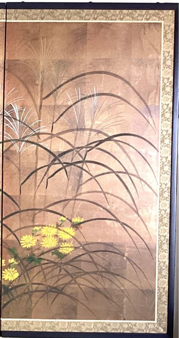 四つ折り屏風　日本画　金箔彩色　ススキ・小菊に鶉