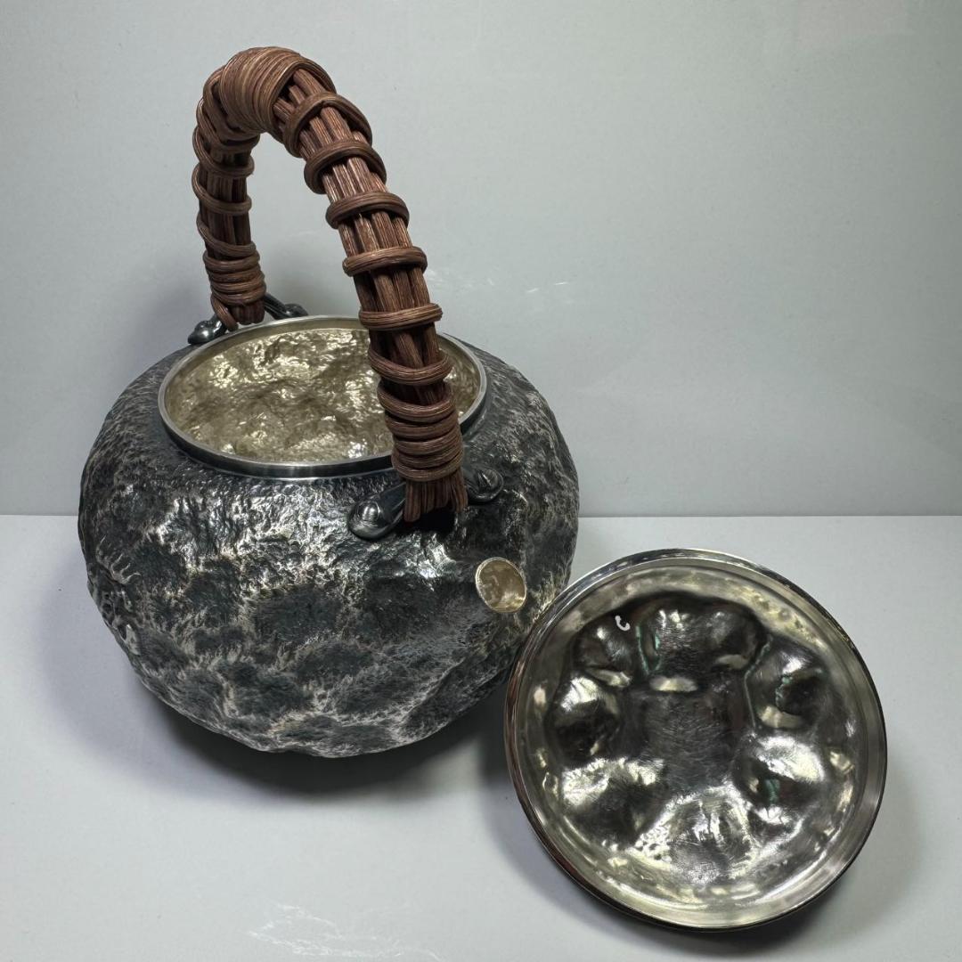 純銀製 一晃斎造 藏拙 貴石摘 藤手 湯沸 古美術品 銀瓶 純銀保証