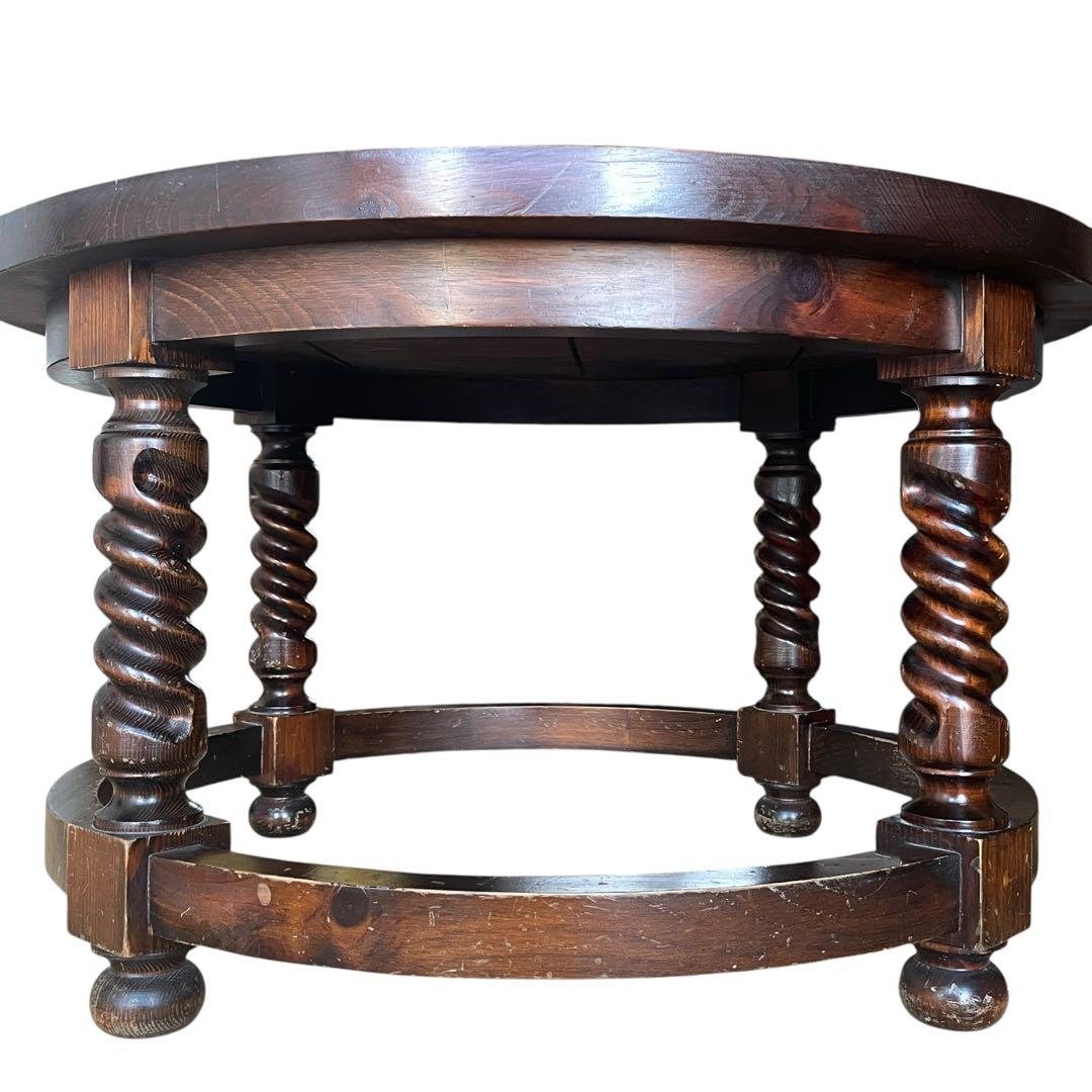 スペイン ビンテージ 彫刻 ラウンド 丸 ローテーブル ガラス天板 直径80cm