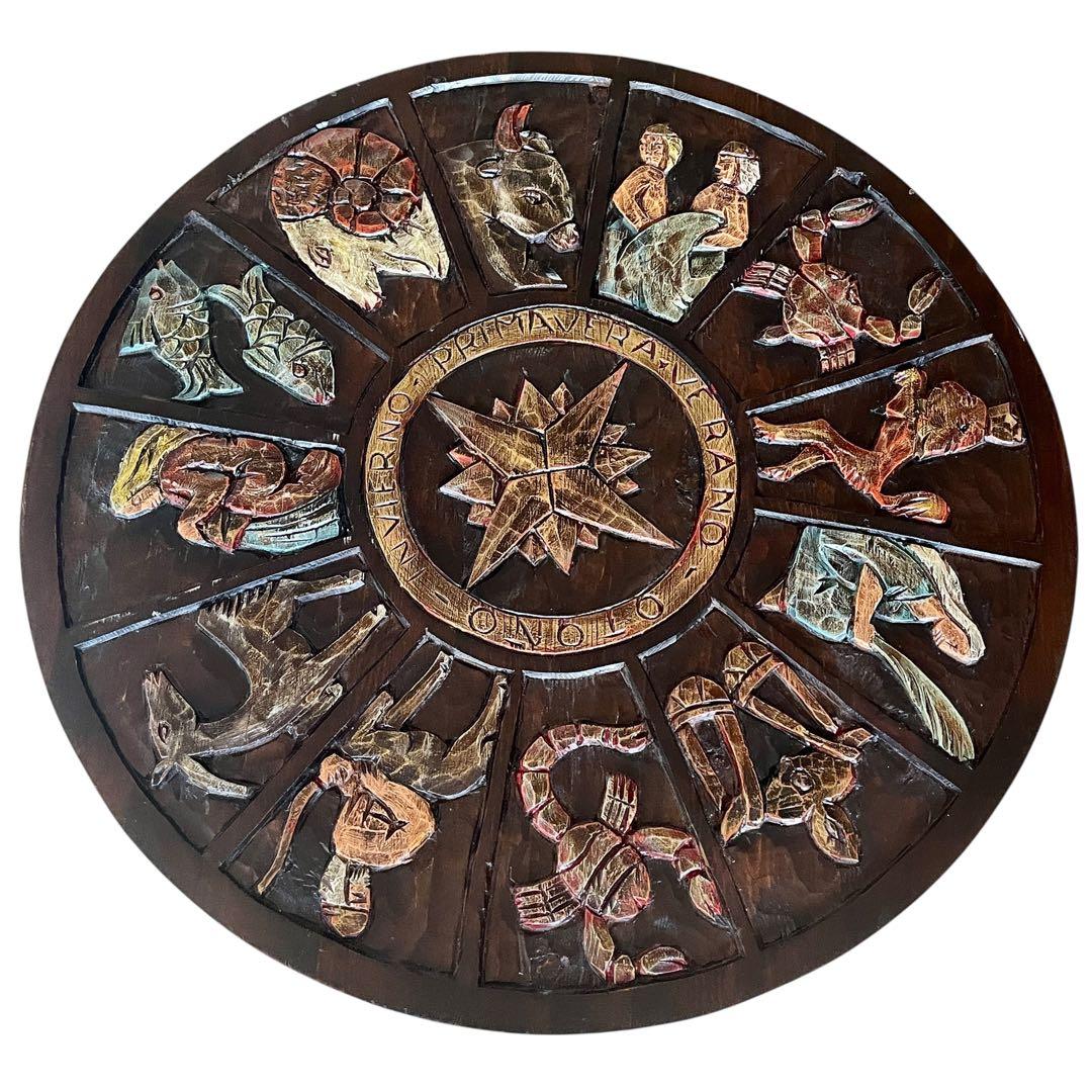 スペイン ビンテージ 彫刻 ラウンド 丸 ローテーブル ガラス天板 直径80cm