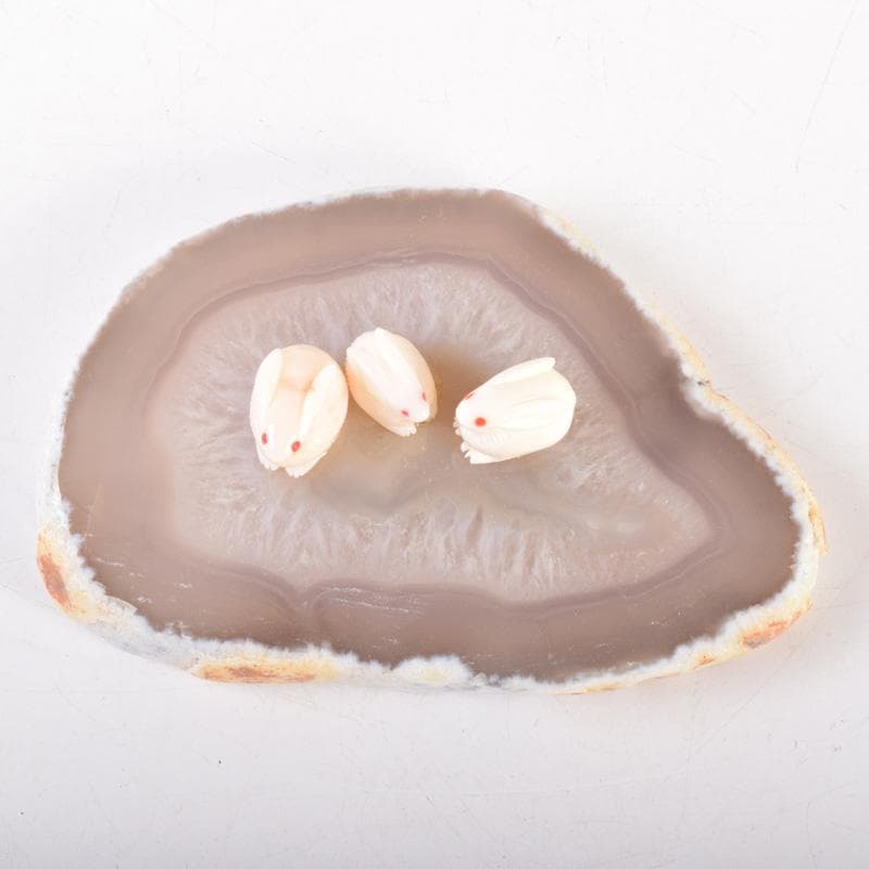 白珊瑚　兎彫刻　置物　瑪瑙石台付　時代箱付　V　7910