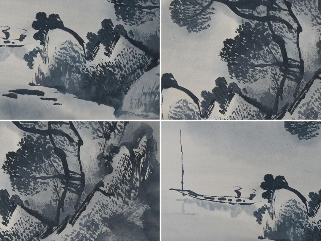 【画】　★ 字画 紙本水墨山水漁猟掛軸 ★　作家物　崇山老樹 肉筆保証　近代書画