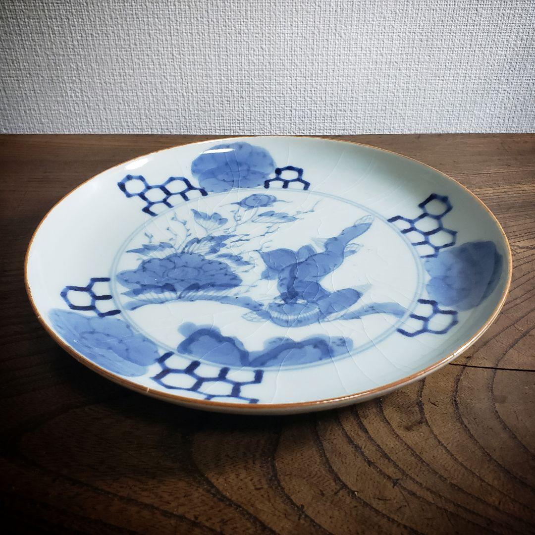 皿　染付　獅子　古伊万里　亀甲　牡丹　薊文様　江戸　訳あり　欠け直し