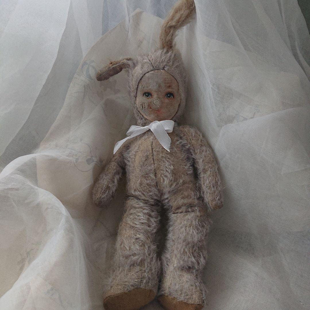 イギリスアンティーク　クロスフェイスドール　グレー　モヘア　バニードール