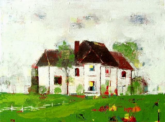 油絵 菅家令子 絵画インテリア 額付(青緑＋金色の枠) uF6-062203風景